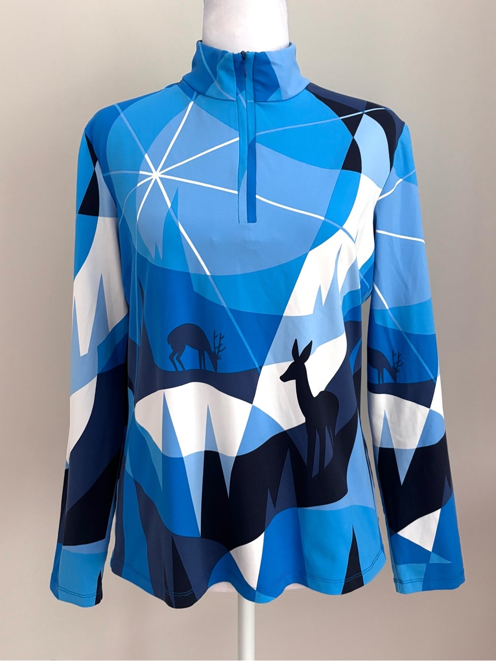 J.McLaughlin Bedford 1/4 Zip Top Long Sleeve Blue White Winterwonderland Women L - Picture 2 of 13